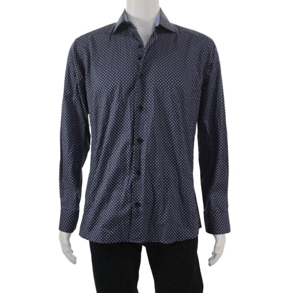 Bertigo Mens Cotton Paisley Print Button Up Shirt Navy Size M